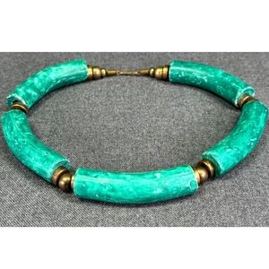 Vintage Necklace Choker Artisan Aqua hand painted pottery brass leather string